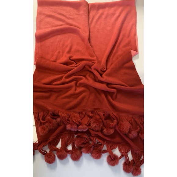 Pink Red Ombre Statement Scarf Rabbit Fur Pom Poms Y2K Glam Party Wrap Coquette - Picture 4 of 8